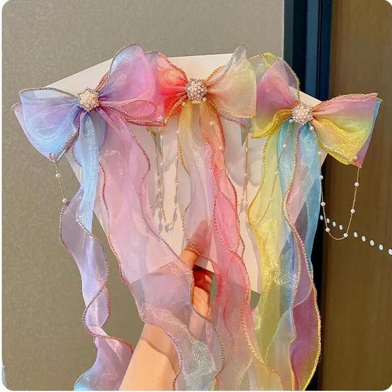 1 Stück Neue Süße Haarspangen für Kinder für Mädchen Mode Haaraccessoires Mädchen Niedliche Perle Bunte Chiffon Schleife Band Haarnadeln