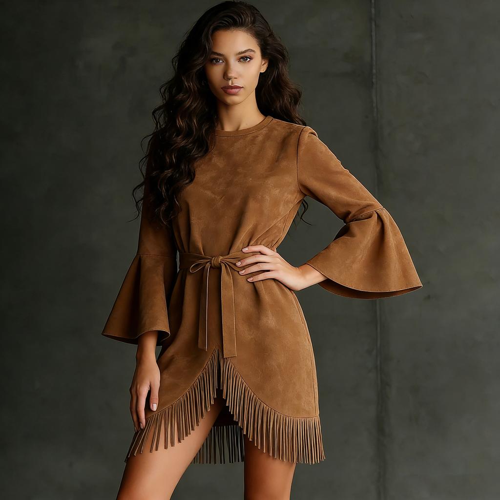Ladies' Casual Tassel Flared Sleeve Long Sleeved Dress