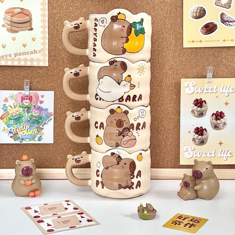 Capibara Stacked Cup Cute Cartoon Ceramic Mug with Handle Female Couple Coffee Cup Birthday Gift