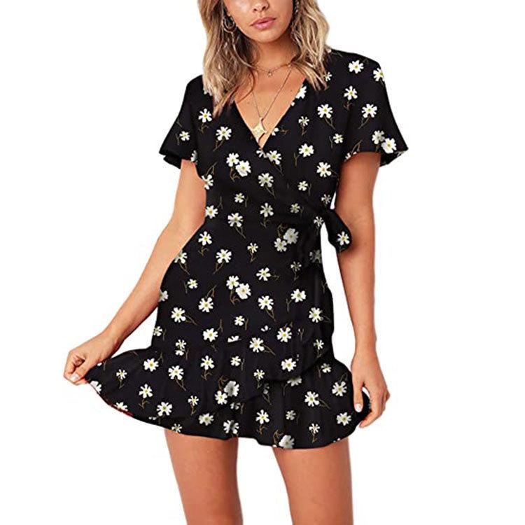 eBay Europe and the United States hot sale summer butterfly lace-up ruffle edge short-sleeved skirt V-neck print dress