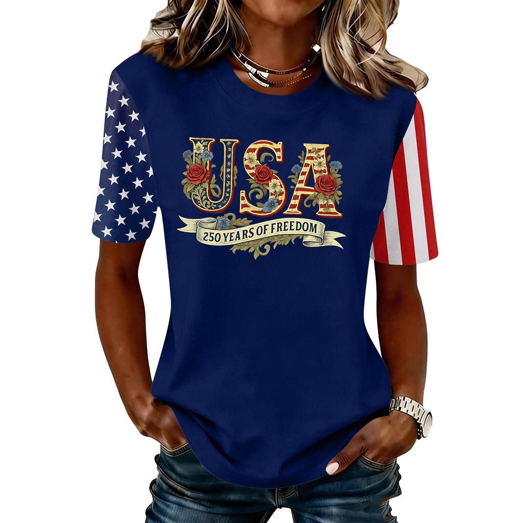 Women's Fashionable Casual Short Sleeve Print Round Neck Pullover Top