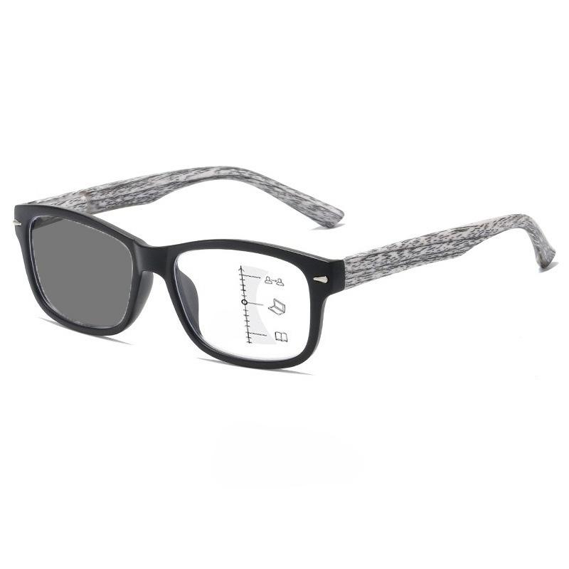 Classic Square Photochromic Multifocal Reading Glasses High-definition Anti-blue Light Vintage Wood-grain Leg Eyeglasses