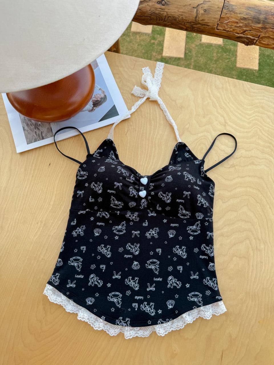 

2026 Sweet Girl Halter Tank Top: Lace, Little Horse Print, Built-in Bra One Size (40-65 kg) чорний
