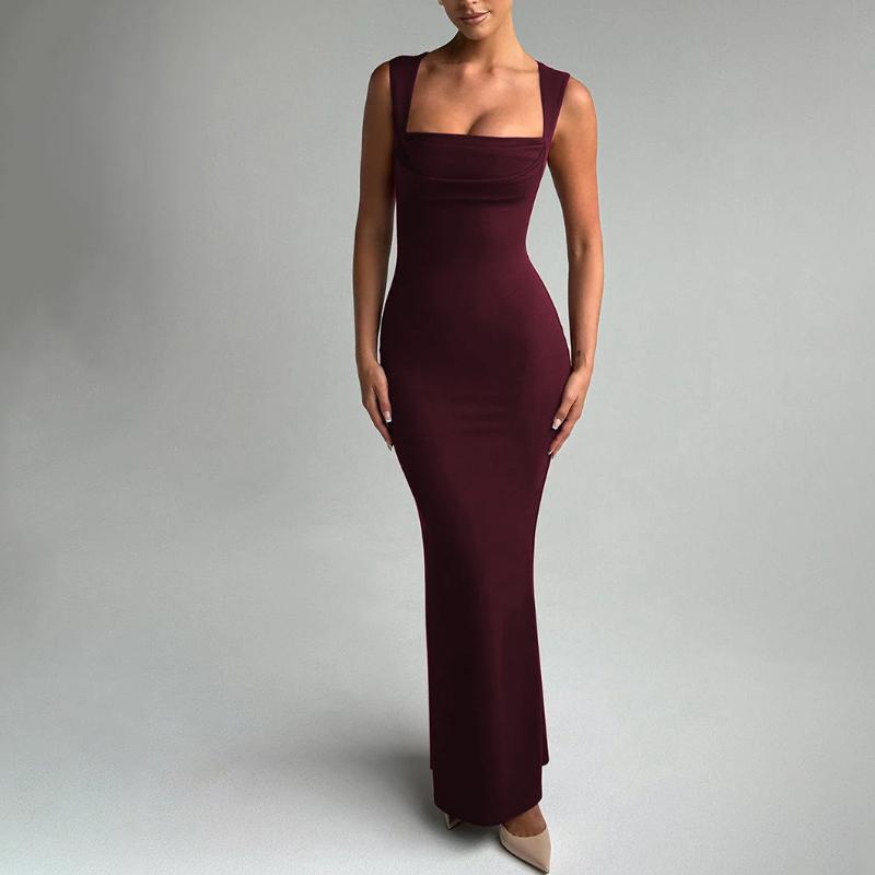 

Женское платье без рукавов в уличном стиле, однотонное, облегающее, в европейском и американском стиле, весенне-летнее, с квадратным вырезом L бордовый