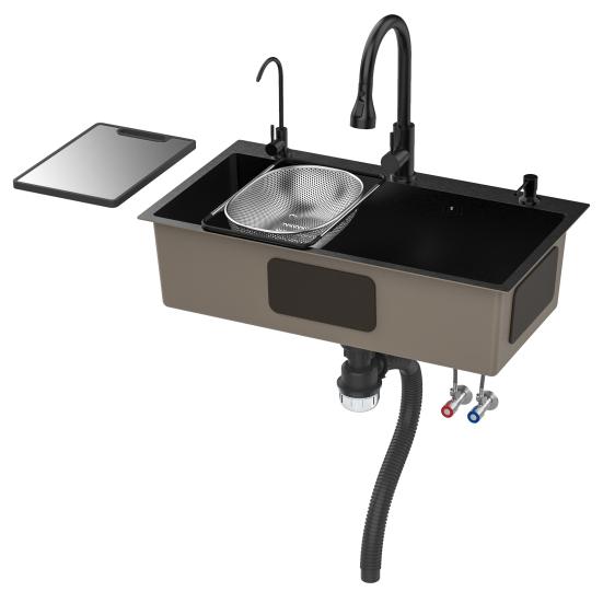 Black Kitchen Sink, Embedded/Top Mounted Stainless Steel Workbench Sink with Cutting Board & Drainage Basket, Single Bowl Sink with Accessories (31.5