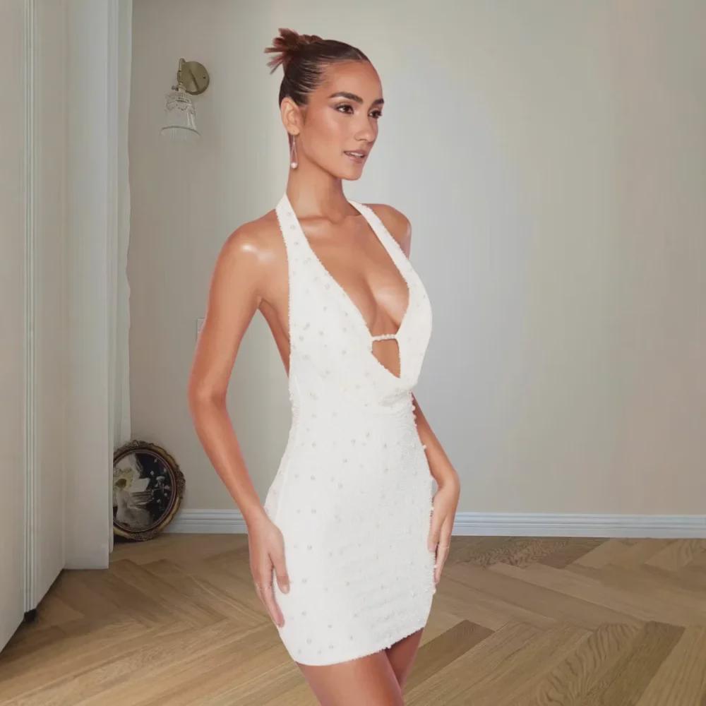 2024 Winter Backless Beaded Halter Neck Slim Skirt with Deep V