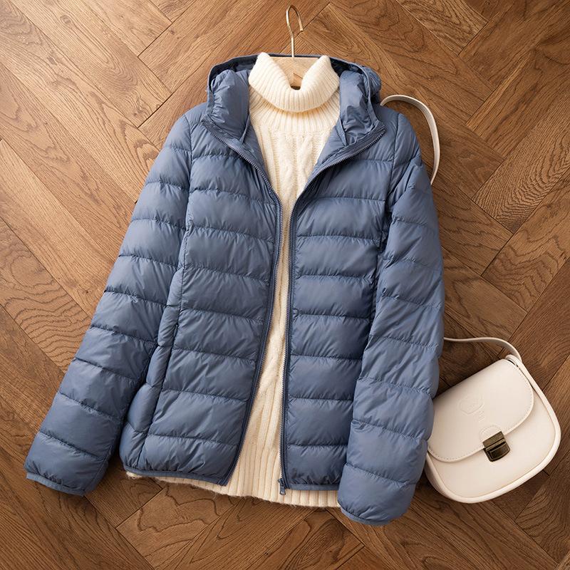 Weiße Entendaune leichte Daunenjacke Damen kurz neu leicht warm Mode Kapuze leichte Jacke