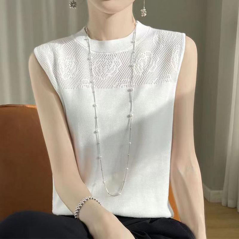 Women's 2024 Spring Ice Silk 3D Crochet Knit Vest – Loose, Round Neck, Short Style