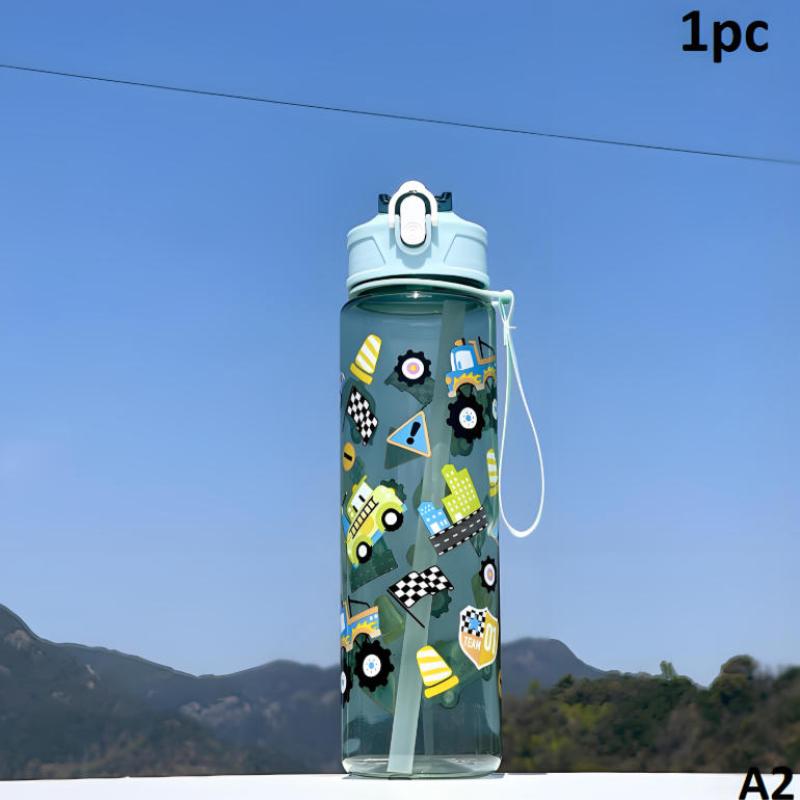 Sticlă de Apă din Plastic Drăguță cu Desene Animate cu Dinozaur și Mașină, 790ml, cu Pahar și Paie, Etanșă, Portabilă, Cupă Sportivă pentru Studenți și Călătorii în Aer Liber