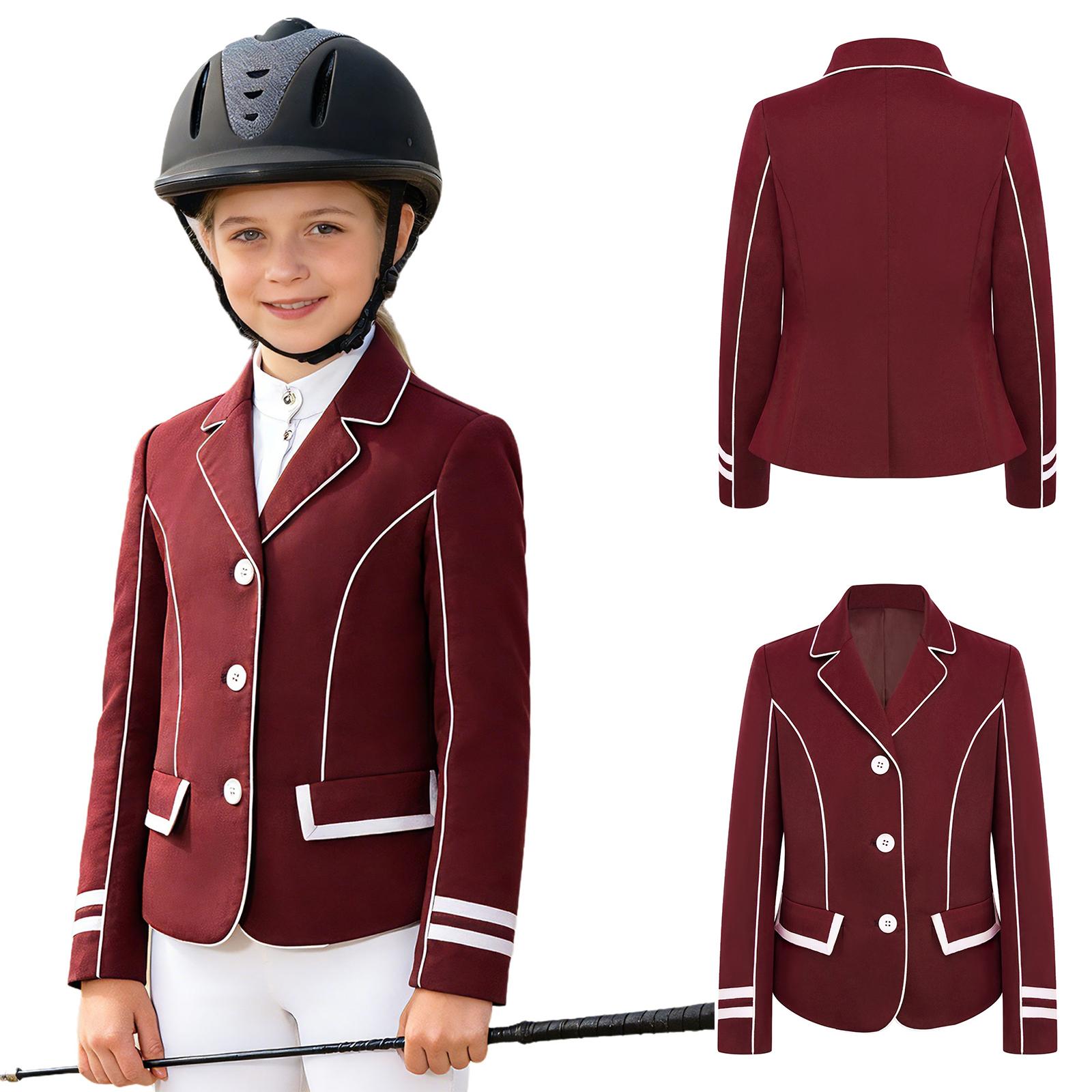 

Kids Girls Contrast Trim Equestrian Blazer Lapel Collar Long Sleeve Button Horse Riding Jacket Outwear 5-6 Years бордовий