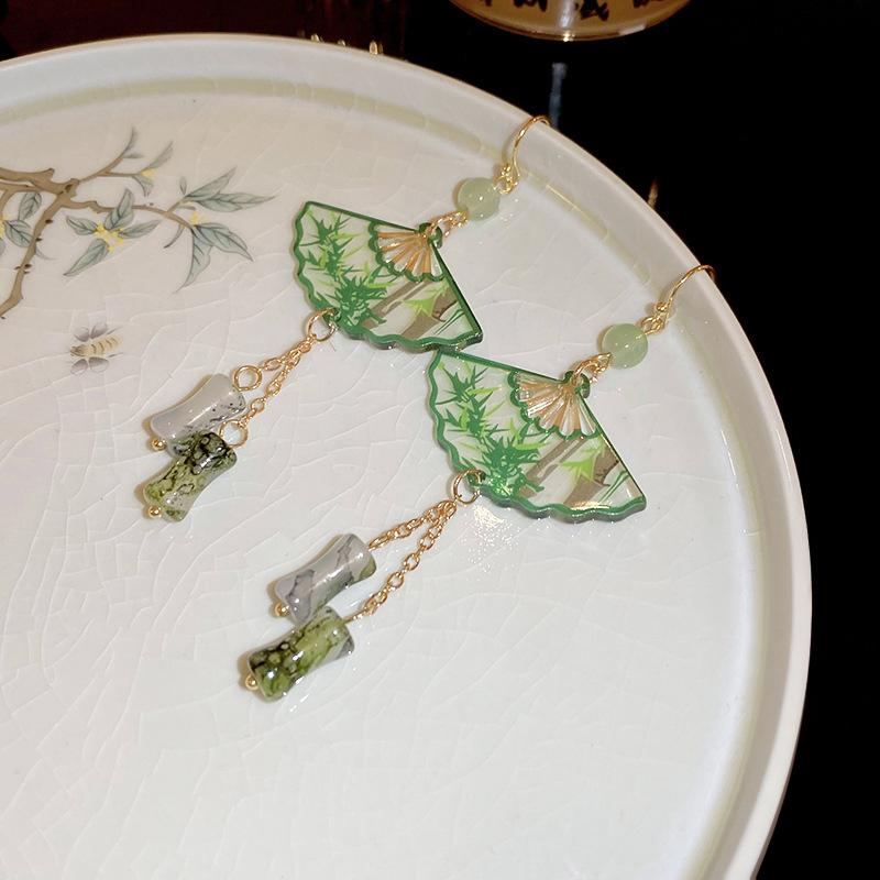 Chinese  Earrings For Women Vintage Fan Shaped Acrylic Jewelry Creative Ethnic Gifts