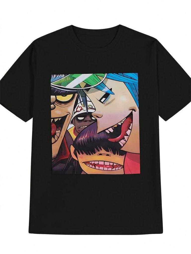 Retro Anime TShirt For Unisex Black Short Sleeve Casual Shirt With Japanese Unisexga Characters Soft