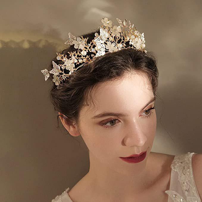 Baroque Butterfly Pearl Crystal AB Crown Tiara Rhinestone Hairband Wedding Hair Accessories Princess Bridal Headpieces