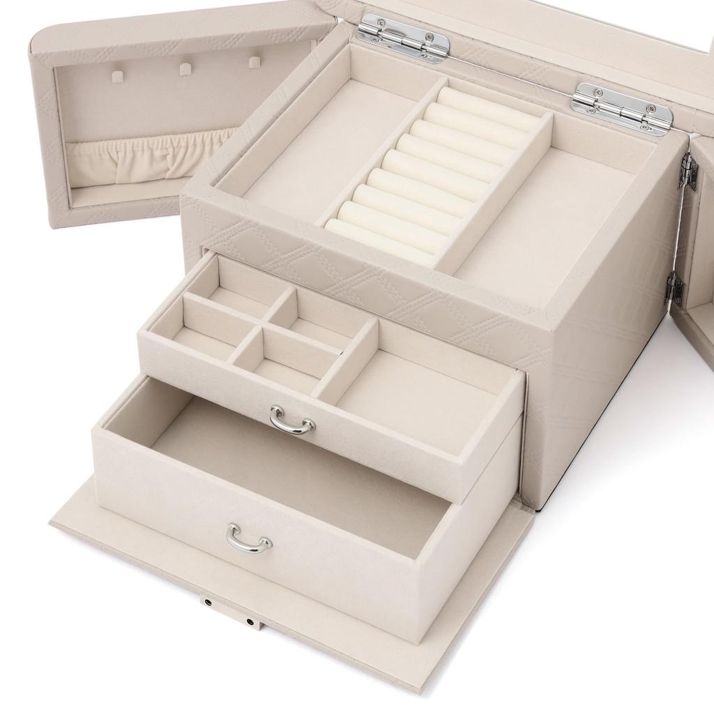 Francfranc Gesteppte Schmuckschatulle, Grau, Doppeltür-Öffnung, mit Spiegel, zur Aufbewahrung von Accessoires