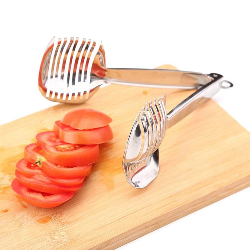 Aluminum Alloy Lemon Slicer Multipurpose Handheld Tomato Cutter Round Fruit Tongs Onion Holder Lemon Kiwi Fruits Cutting Slicer