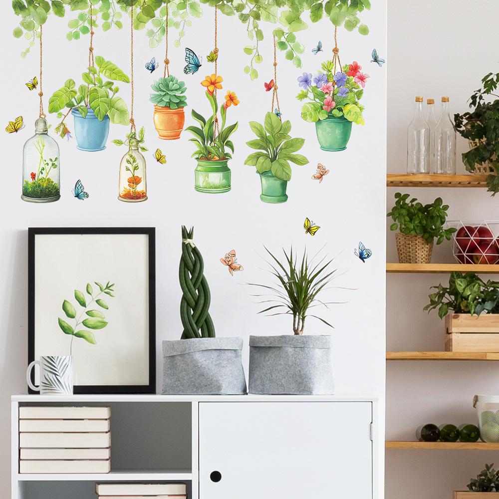 Cartoon Flower and Green Plant Hanging Baskets, Green Leaves, Vines, Butterflies, Home Background and Wall Beautification Stickers