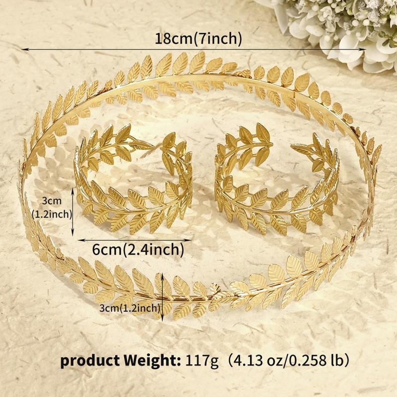 

Bride Dignitaries Wedding Jewelry Stainless Steel Plated 18-K Gold Open Bracelet Wrought Iron Leaves Crown Set