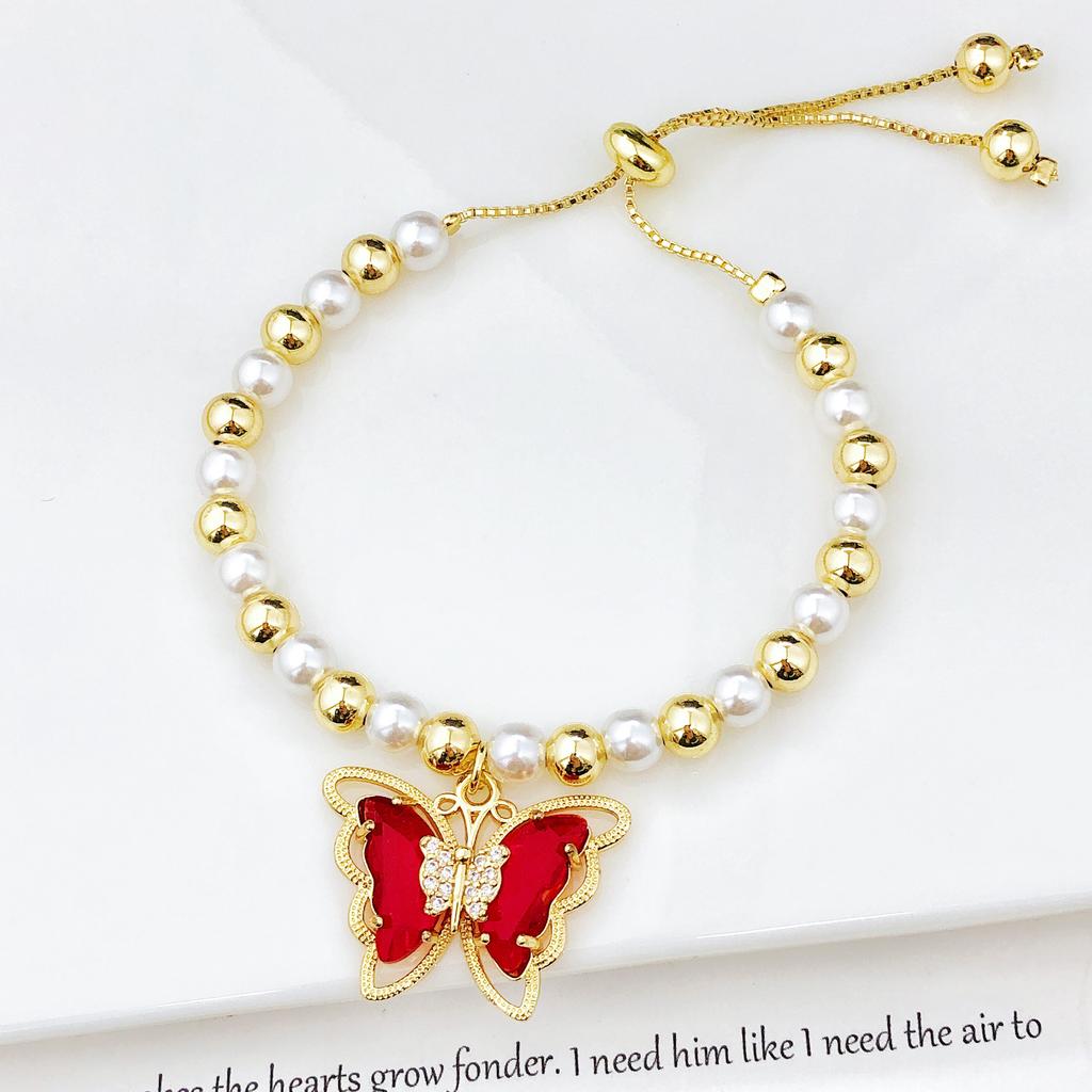 Luxury Butterfly Crystal Zircon Copper Bead Pearl Chain Bracelet Charming for Women Girls Daily Party Wrist Jewelry Wholesale