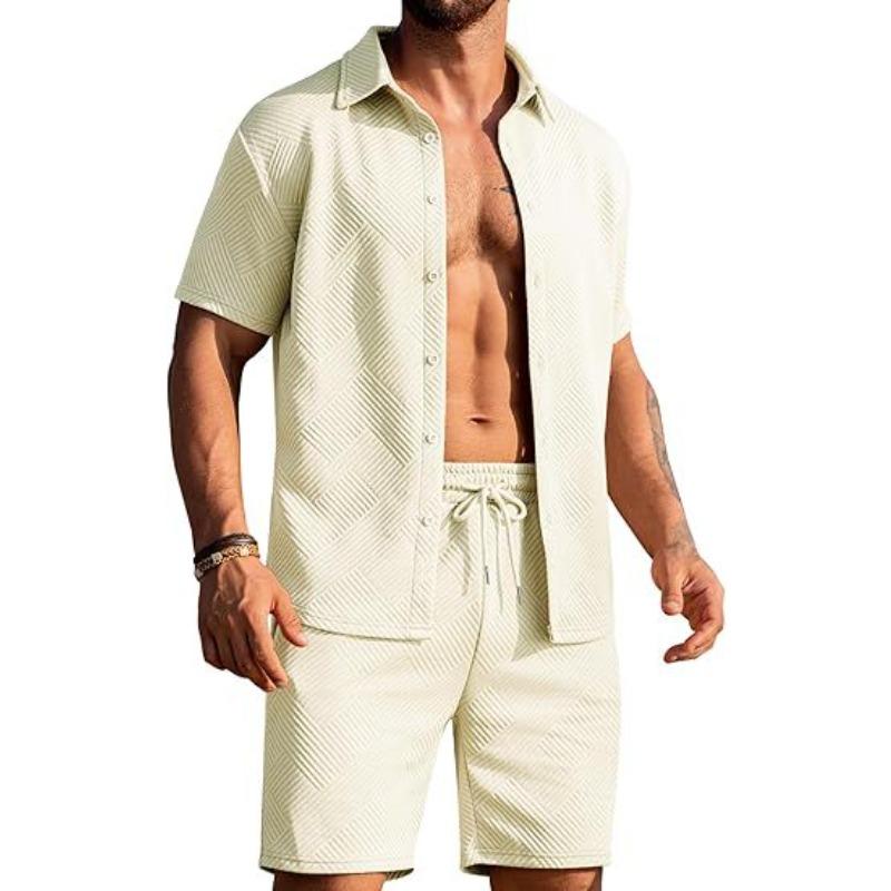 

Вязаный свитер Летний повседневный спортивный текстурный пляжный комплект с короткими рукавами на пуговицах и шортами 3XL