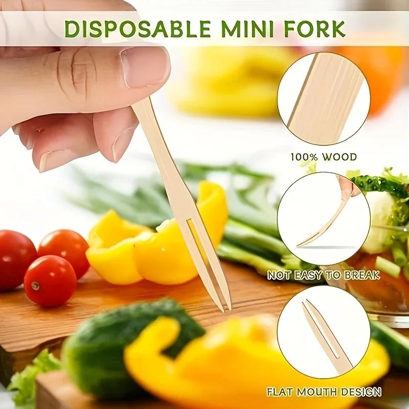 100 Mini Bamboo Appetizer Forks, 3.5-Inch Disposable Design Perfect for Fruit, Snacks, Desserts and Party Use