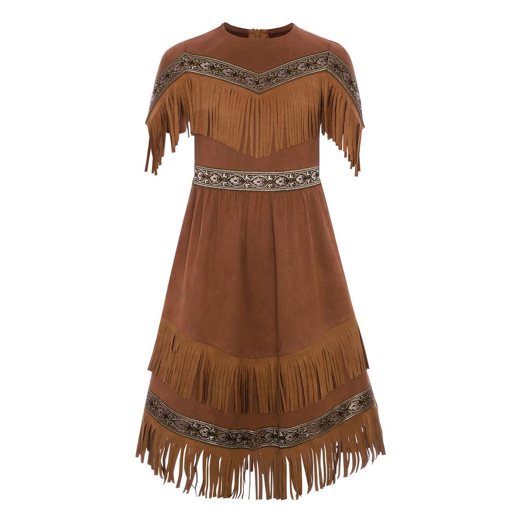 Girls Fringe Hem Dress Double Layer Tassel Decoration Round Neck Short Sleeve Chest Fringes Party Costume