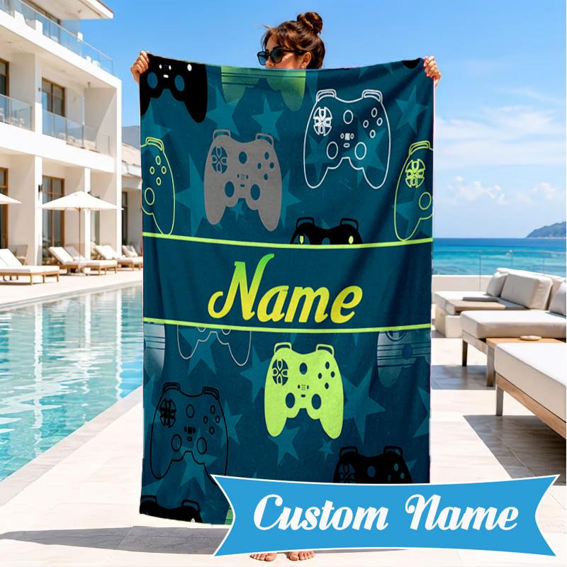 Custom Name Neon Game Controller Beach Towel Microfiber Beach Towel, Lightweight and Quick-Dry, for Summer Travel, Swimming Pool Gift
