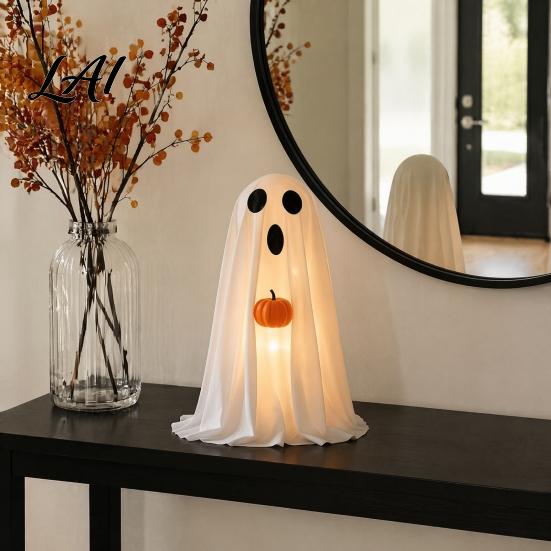 Spooky Seasonal Atmosphere Halloween Ghost Decoration Light-Up White with Pumpkin Indoor Children Party Favors Cute Standing Tabletop for