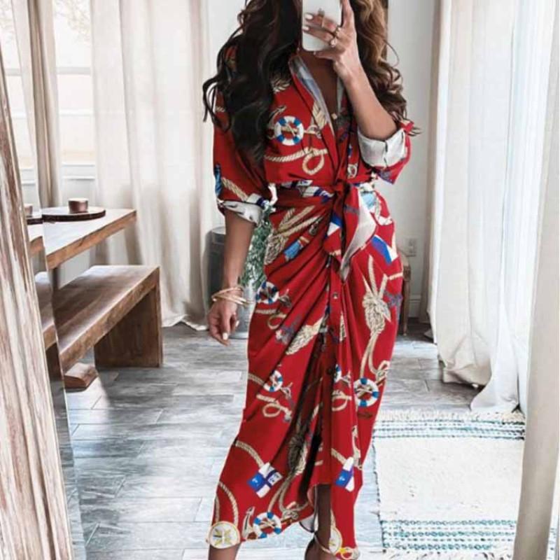 2026 Womens Elegant V-Neck Wrap Tie High-Waist Floral Print Long Dress Slim Fit Casual Office Wear