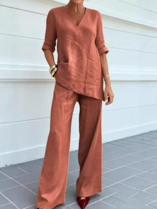 2026 European Cotton Linen Women's Casual Solid Color Two-Piece Set