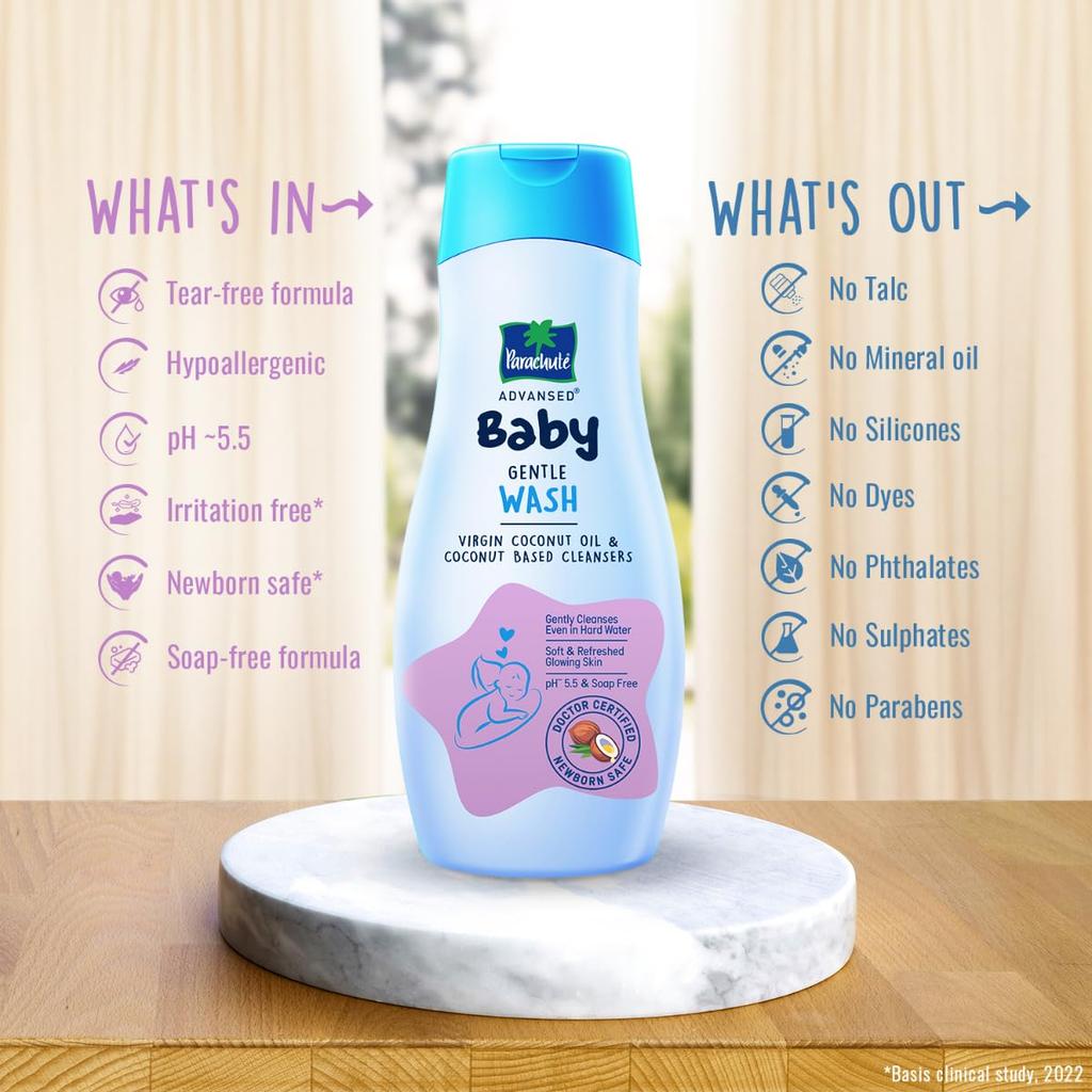 PARACHUTE Advansed Baby Jemný mycí gel 200 ml | Koupel pro novorozence bez slz | Čisticí prostředek s pH 5,5 pro jemnou pokožku