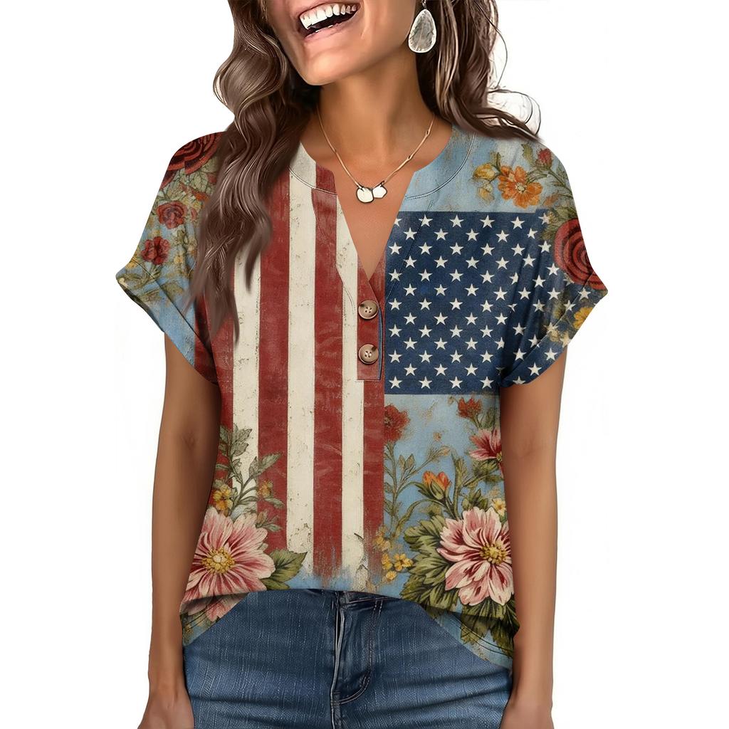 Women's Fashionable Casual Loose-Fit Short-Sleeved Button-Up V-Neck Printed T-Shirt Top