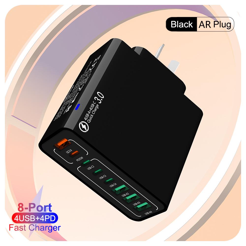 55W 8-Port Fast Charger: 4 USB, 4 PD, QC3.0 Compatible with EU/US/Korean Standards