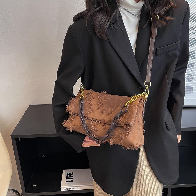 Retro Green Tassel Canvas Underarm Bags  Autumn Women Chic Chains Handbags Ladies Temperament Shoulder Bag for Party