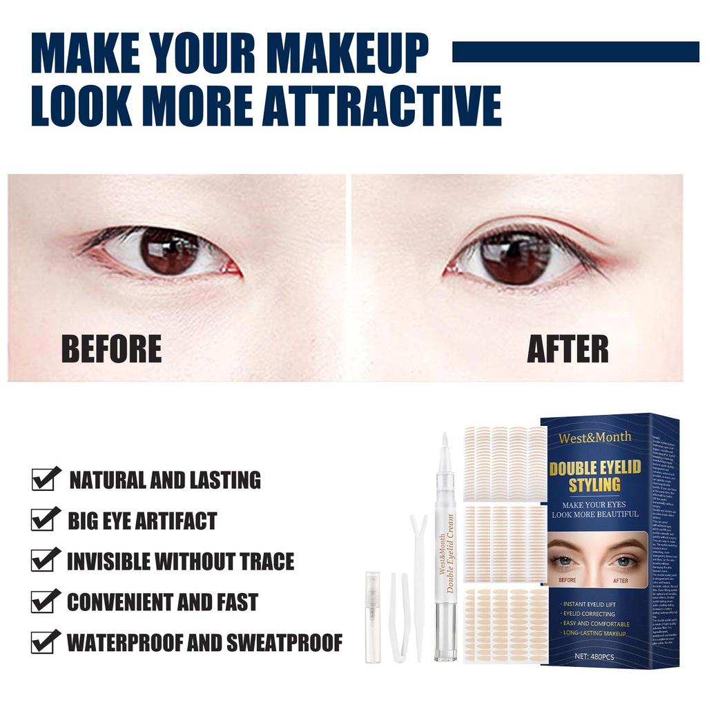 West&Month Doppellidband 480 Stück, Klebstofffrei, Netzspitze olivenförmig, Unsichtbar und natürlich, Wasserdicht und schweißfest für schöne Augen