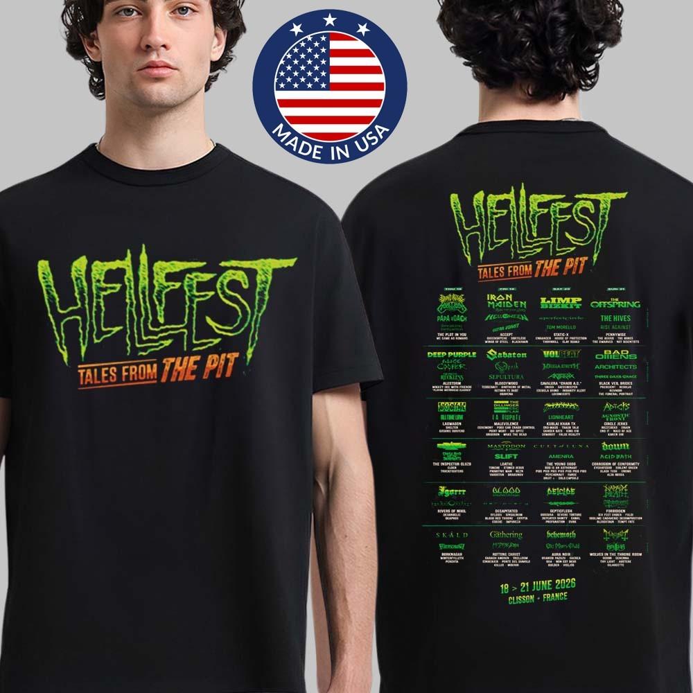T-Shirt Hellfest 2026 Tales From The Pit Clisson Francia Lineup Completo T-Shirt Unisex a Due Lati