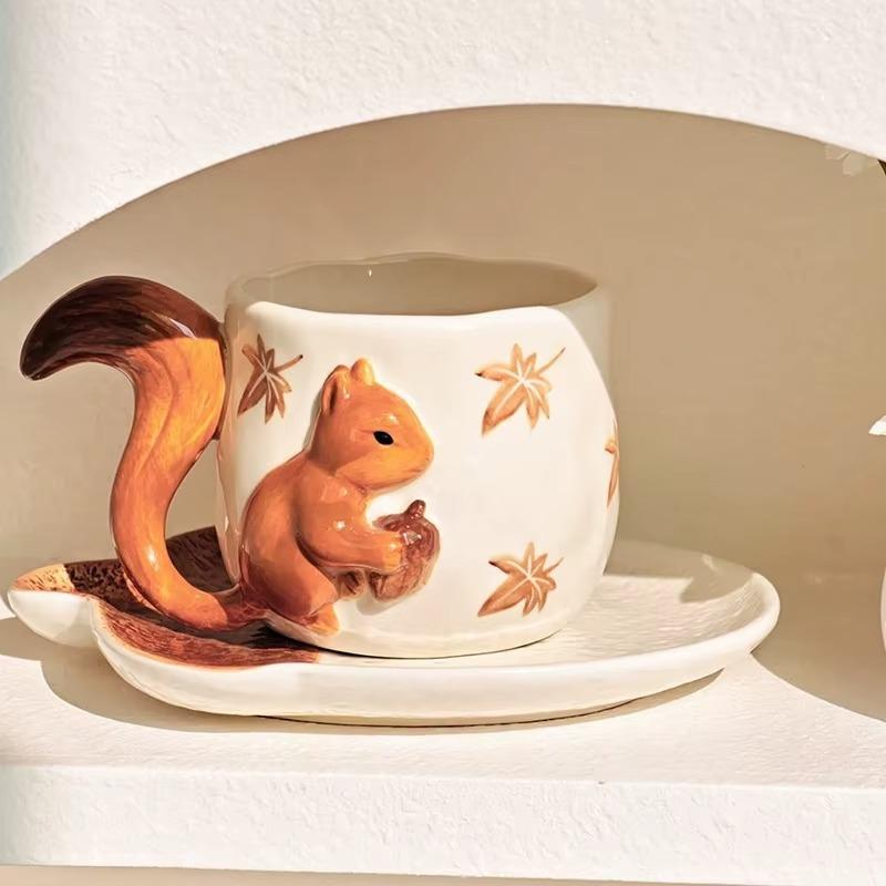 Creative 3D Squirrel Coffee Cup with Tail Handle & Acorn Saucer Set Cute Ceramic Animal Mug Novelty Gift