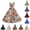 Women's Halloween Print Off Shoulder Dress Vintage Punk Style Sleeveless Spaghetti Strap Swing Dress with Flared Skirt for Party
