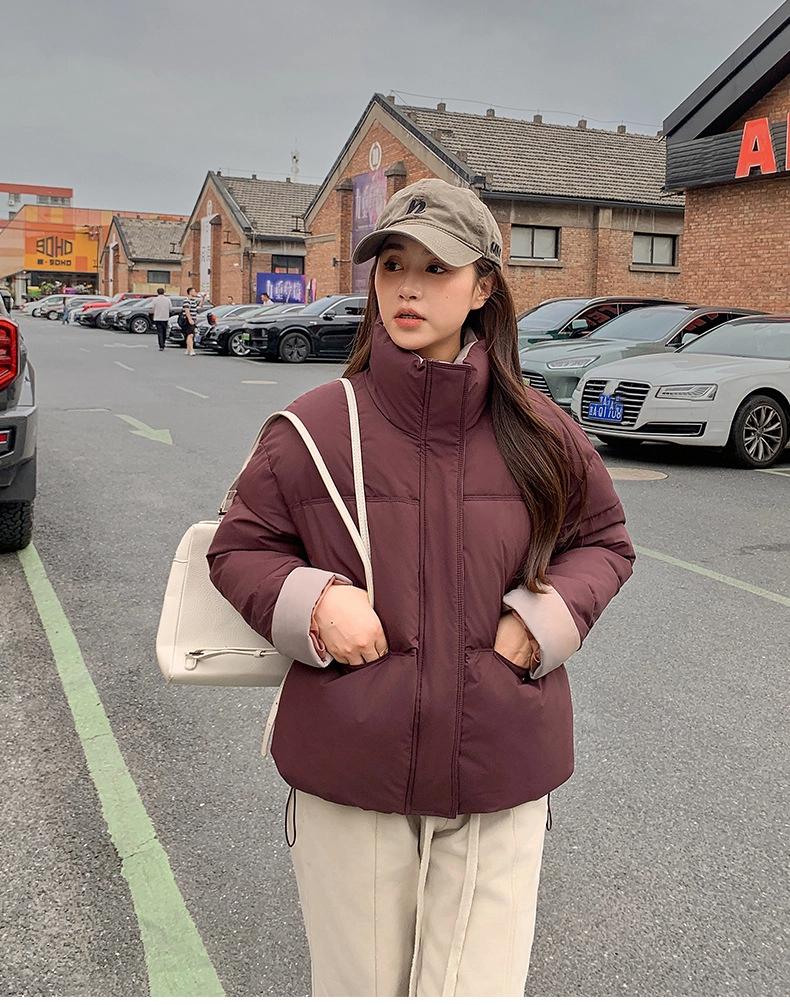 Short Stand Collar Contrast Color Thickened Loose Warm Puffer Jacket with Adustable Hem