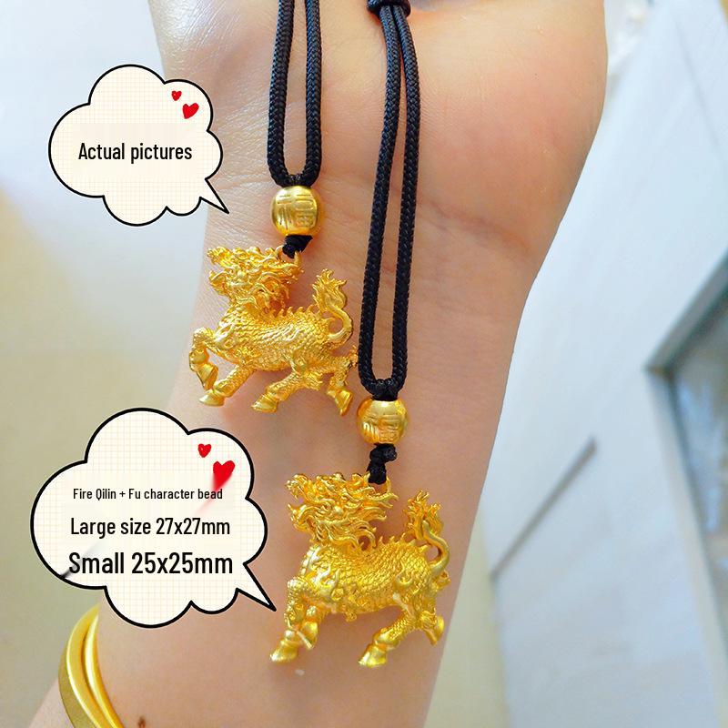 Gold Sand Fire Kirin Pendant: Auspicious Lucky Bead Charm with Matte Finish On Black Rope Jewelry.