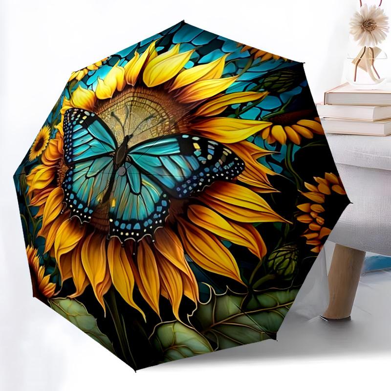 1pc Butterfly Sunflower Automatic Folding Umbrella, Lightweight Retractable Compact Travel Umbrella, 8-Rib Sturdy Frame148