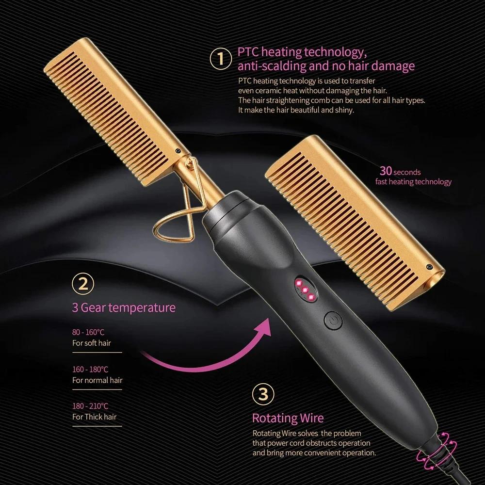 Heat Pressing Combs Portable Ceramic Curling Iron Hot Comb Hair Straightener for Hair Beard Wigs Wet and Dry Hair Styling Tools