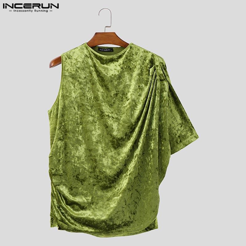 INCERUN Men One Shoulder Backless Velvet Glitter Ruffled Tops Casual T-shirts