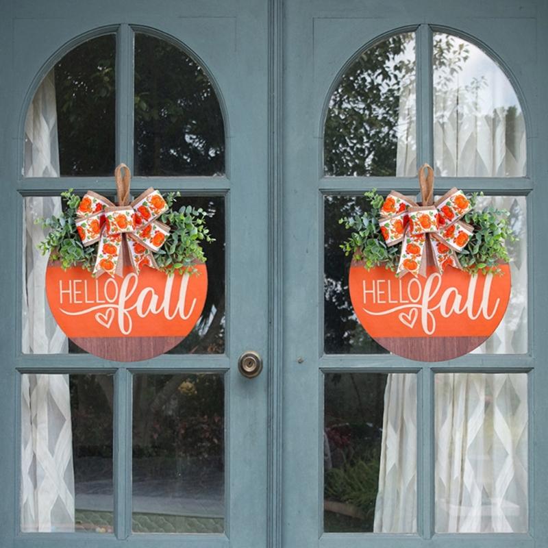 Vibranting Hand Carveds Pumpkins with Bowknot Designs Sturdy Wood Decoration for Seasonal Window and Door Display