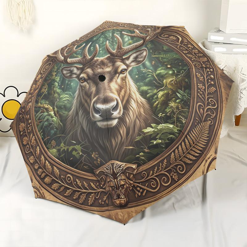 Deer In The Enchanted Forest Compact Travel Automatic Umbrella Compact 8Rib Lightweight Foldable Design Travel Essential Stylish Accessory Spiritual