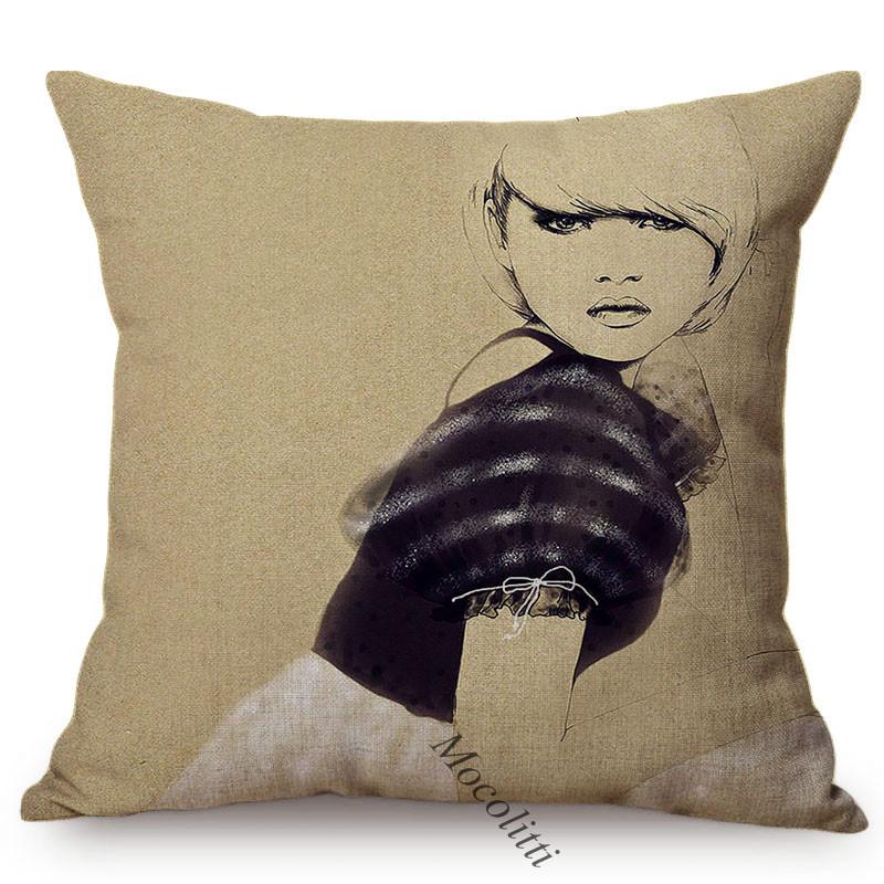 Sketch Hand-Painted Woman Portrait Cotton Linen Throw Pillow Case Fashion Girl Room Sofa Decoration Cushion Cover Cojines