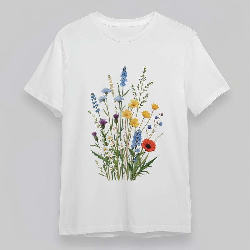 

Women s Oversize Classic T-Shirt Blue Yellow Purple Red White Floral Pattern Tee M