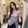 French Design Floral Plaid Neck Sling Vest Women's Summer Wear Unique and Beautiful Off-the-shoulder Back Top