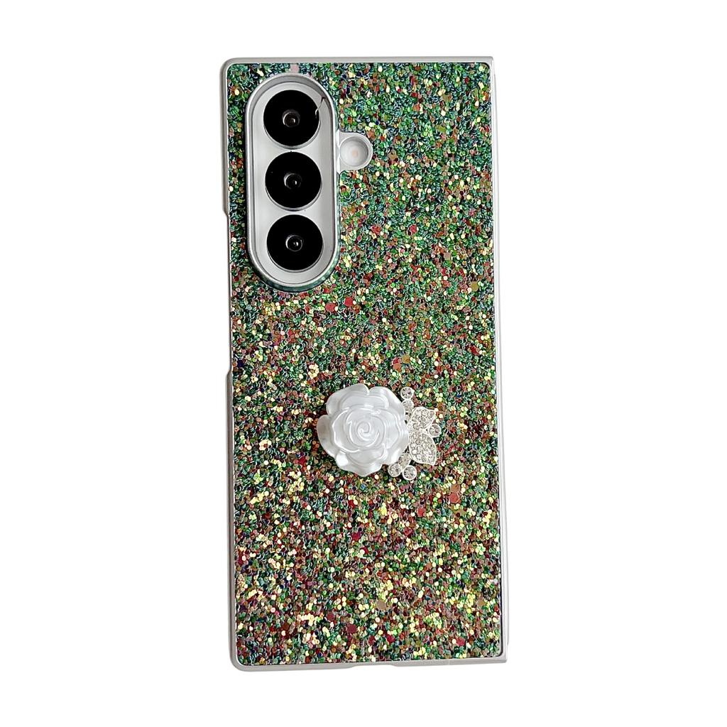 Phantom Glitter Pink White Rose Mobile Phone Case Is Suitable for Samsung Z FOLD7/6/5th Generation Folding Protective Case, Luxury and Anti-drop.