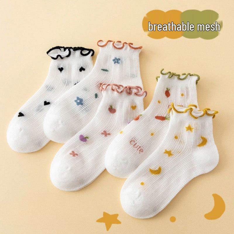Girls' Summer Breathable Pure Cotton Mesh Socks - Lightweight & Short for Children