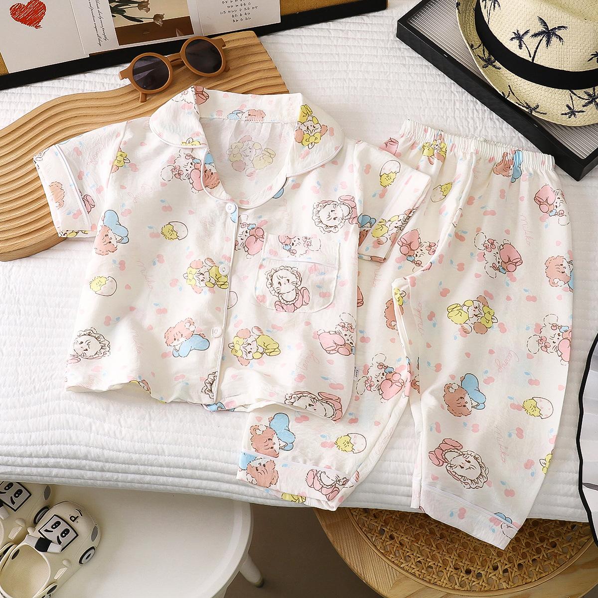 Kids Summer Thin Short Sleeve Long Pants Pajama Set Boys Girls Air Conditioned Room Home Wear Clothing 80cm